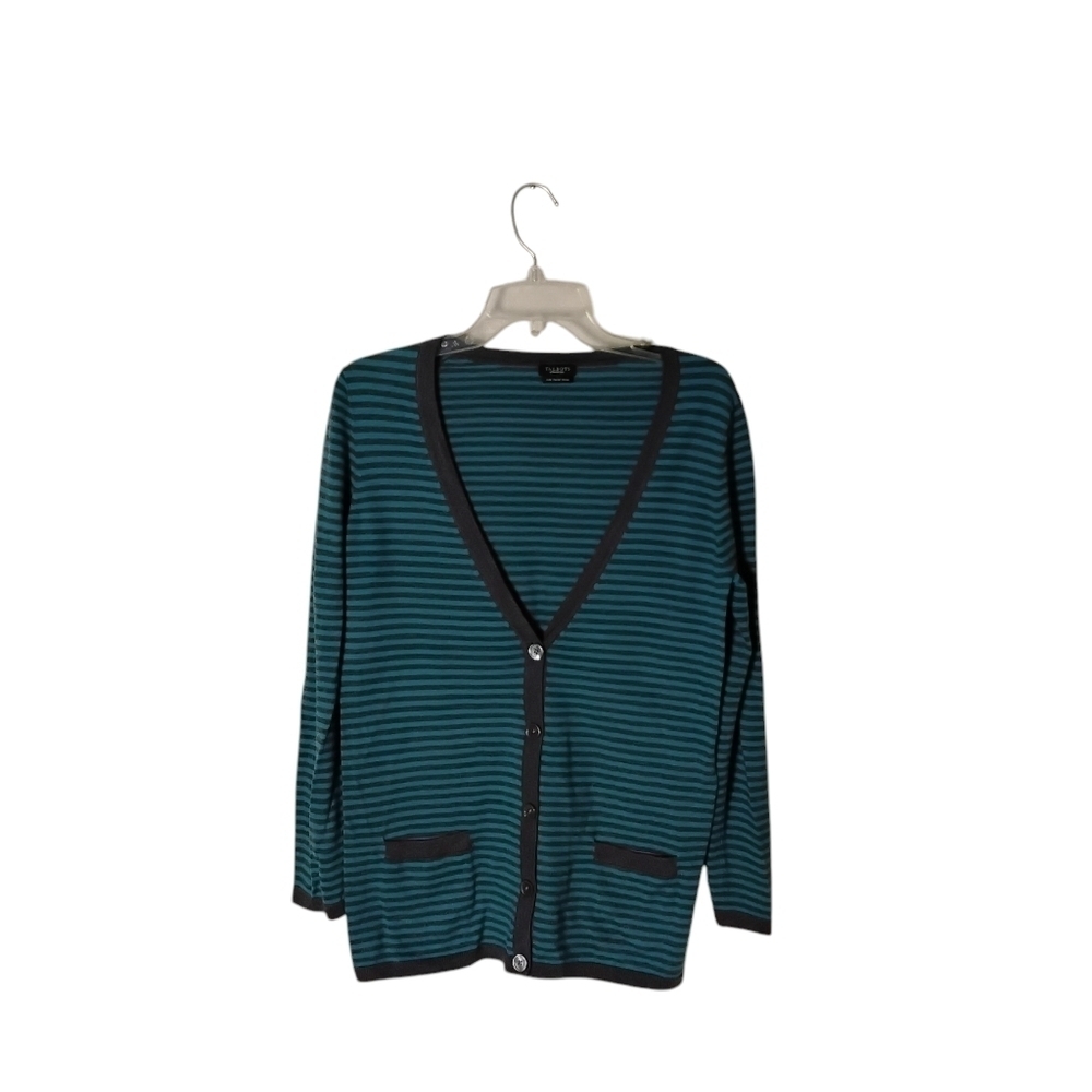 Talbots Women's M Blue Gray Striped Merino Wool Button Down Pockets Cardigan